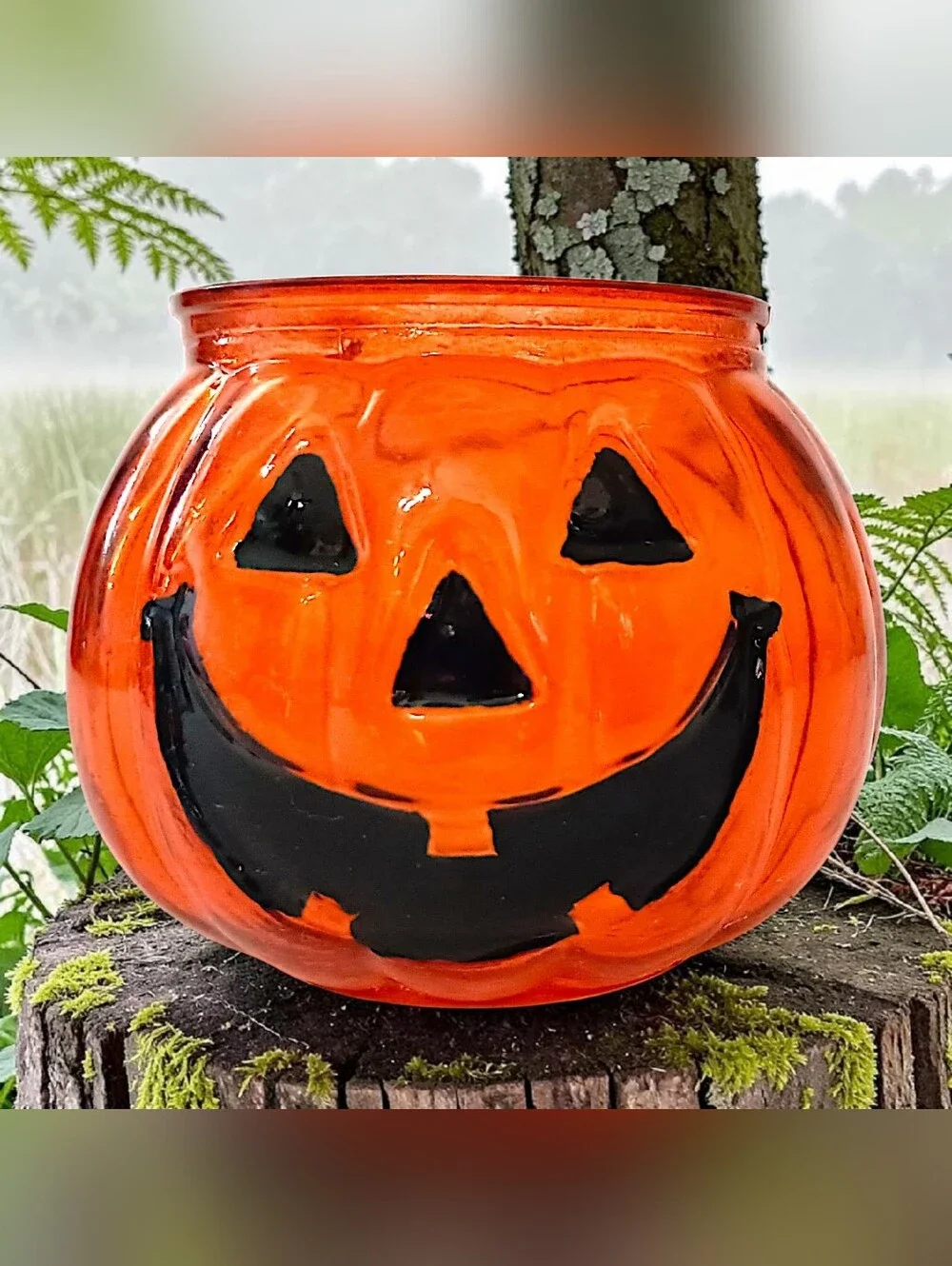 Mini Orange Glass Pumpkin Candle Holder Jack O Lantern Tealight Votive Halloween